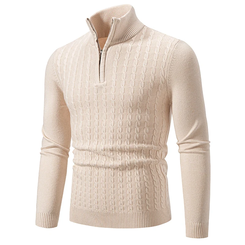 New Men's Half Zipper Pullovers Solid Color Mock Neck Knitted Sweater Men Fashion Slim Fit Warm Casual Sweaters Knit Pullover