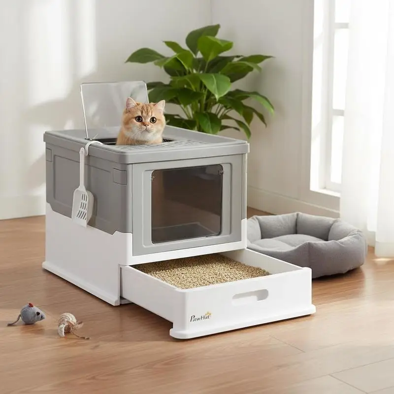 

Hooded Cat Litter Box, Portable Pet Toilet, with Scoop, Front Entry - Grey