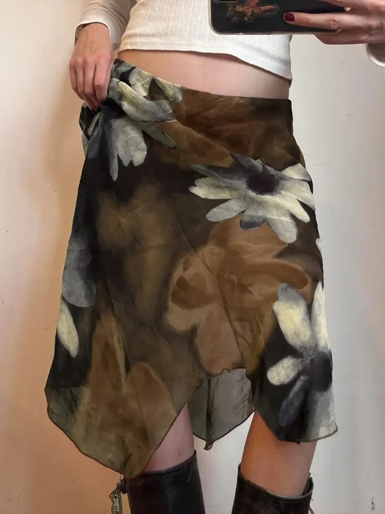 

Пляжная сетчатая юбка с цветочным принтом, женская, сексуальная, с низкой талией, ретро, мини, летняя, асимметричная, в американском винтажном стиле, приталенная, для отпуска на море