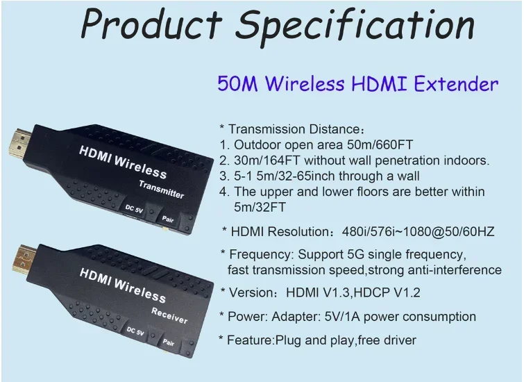 

50m Wireless HDMI Video Transmitter and Receiver Extender Display Adapter Screen Share Switch for PS4 PC To TV