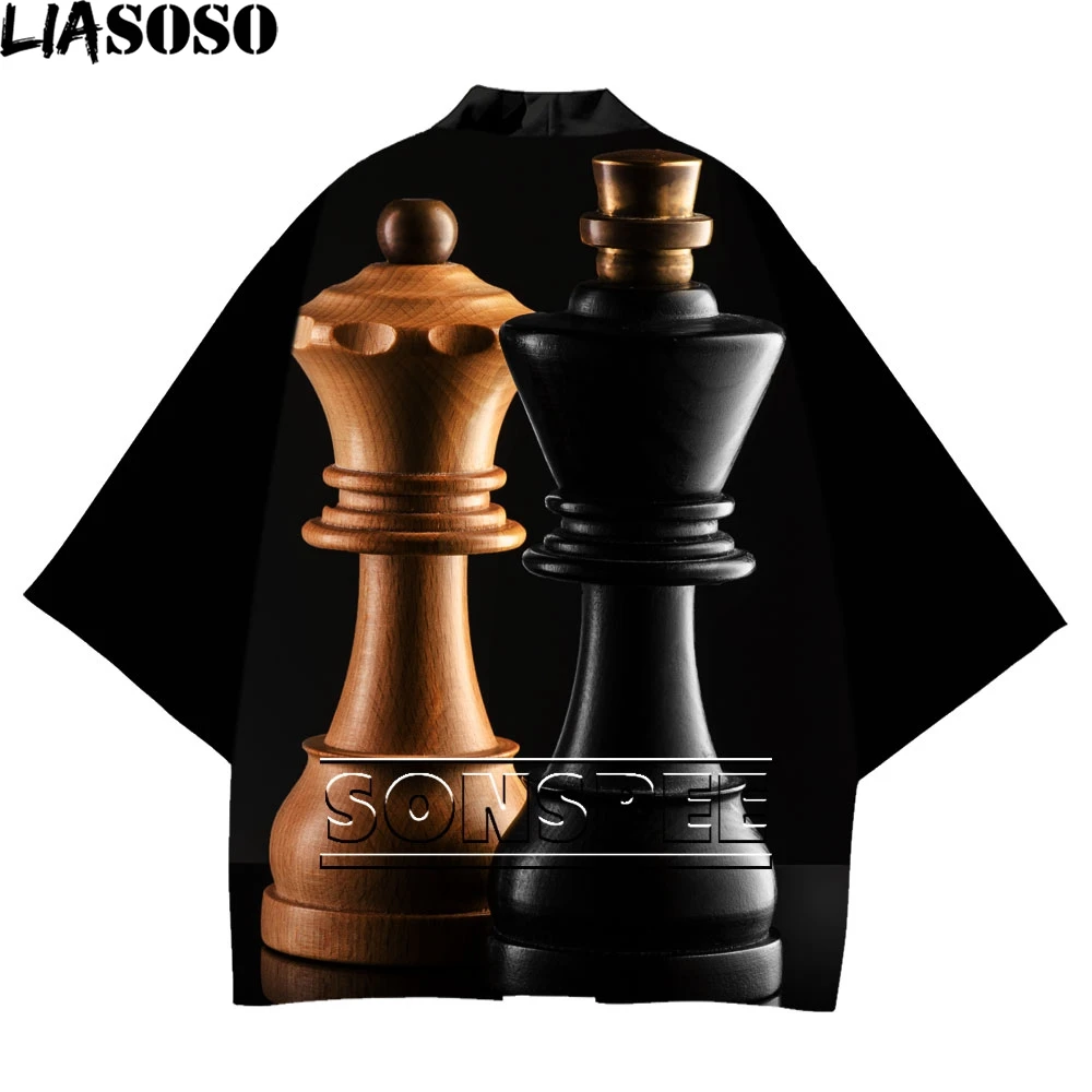 LIASOSO 3D Print Japanese Kimono Graphics Chess Chessboard Black White Shirt Harajuku Casual Street Unisex Oversized Jacket Top