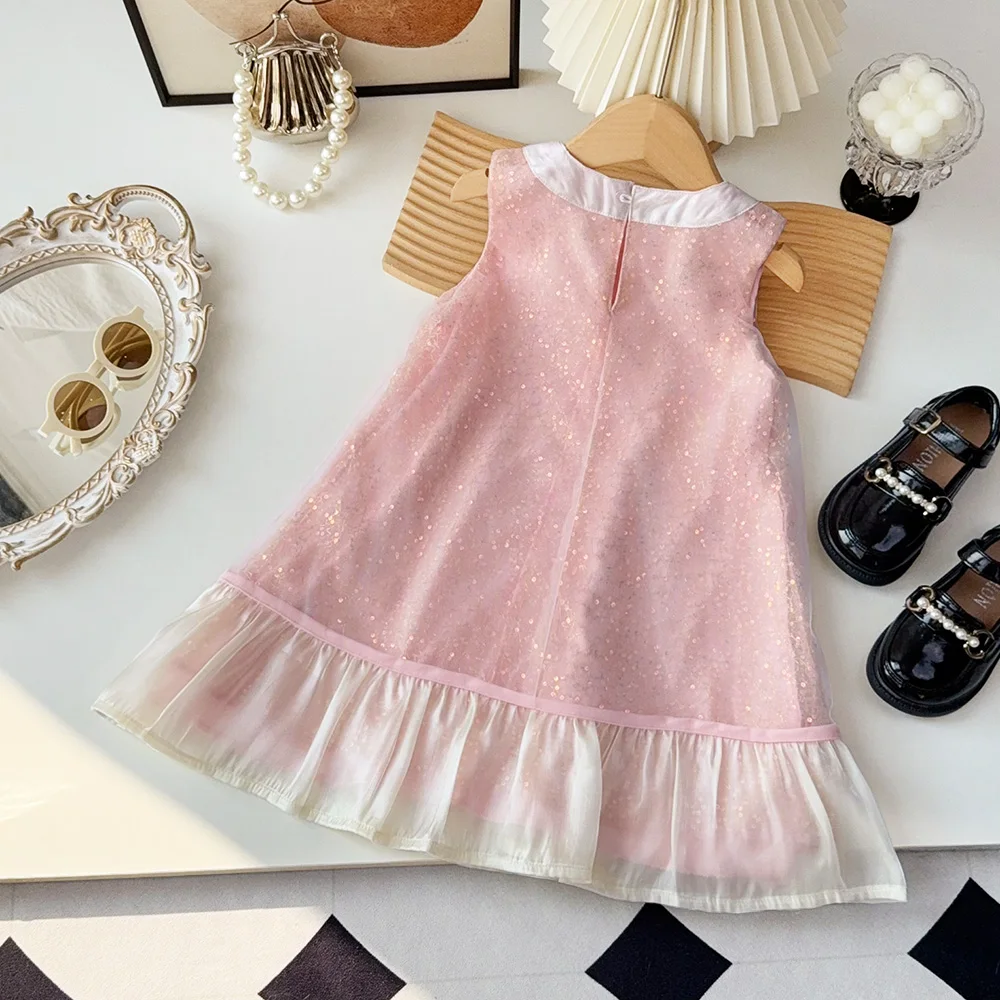 Summer New Sweet Kids Clothes Pink Sequined Sleeveless Princess Dress Bow Decoration Mesh Splicing Party Girls' Dresses