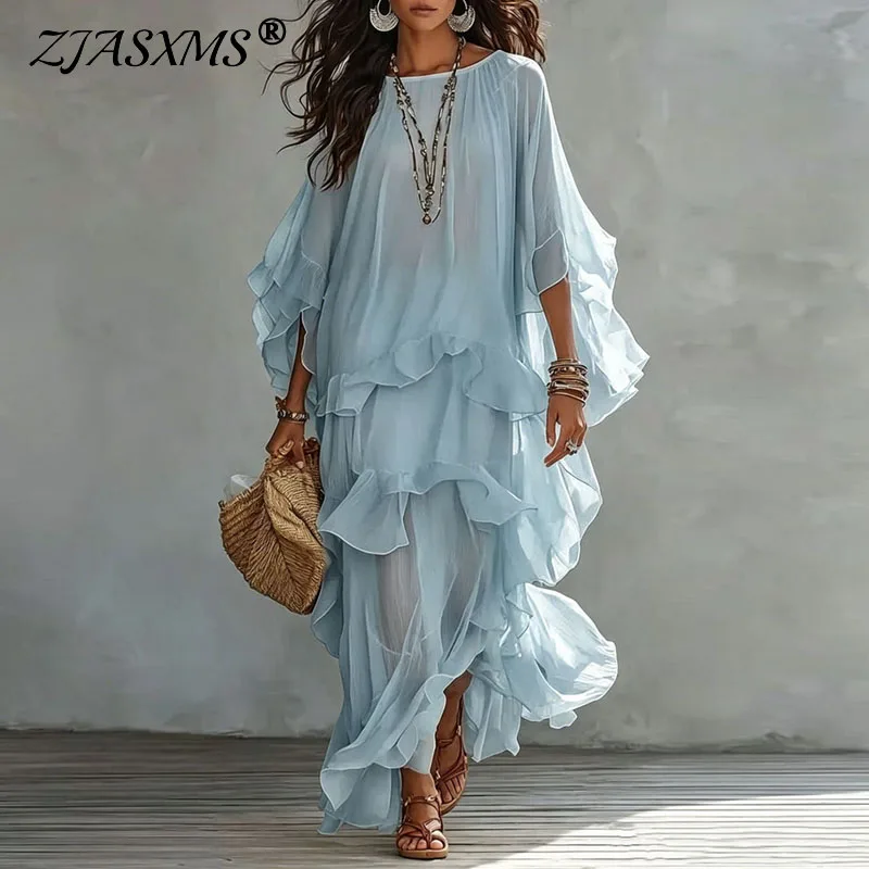 Vintage Elegantes Maxikleid für Damen mit Rüschen, Netzstoff und Fledermausärmeln – Transparentes Freizeitkleid für Urlaub und Reisen