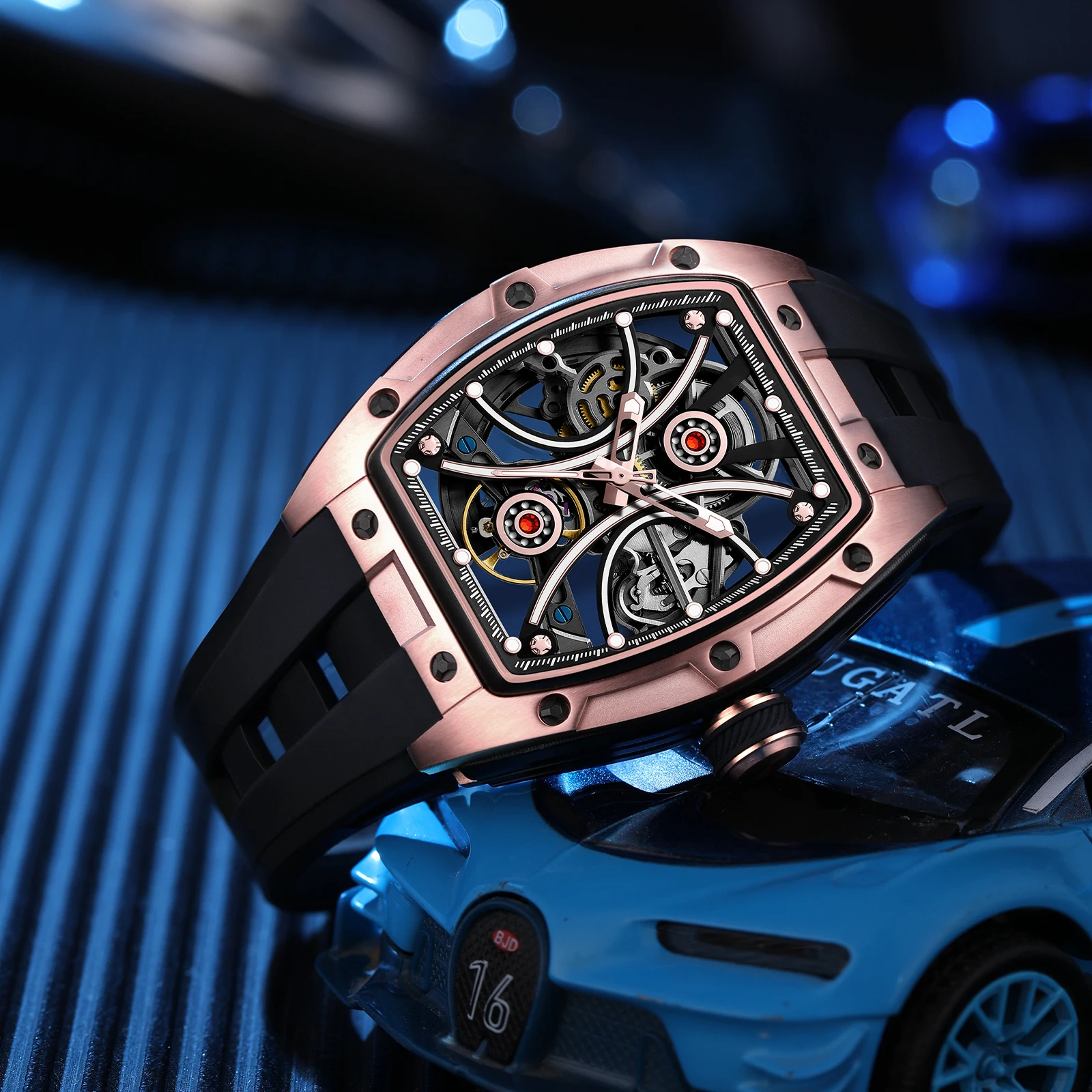 

Men's Automatic Mechanical Watch with Stainless Steel Case Silicone Band Skeleton Dial Waterproof Sport Wristwatch