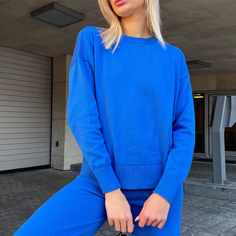 2022 Spring/Summer New Women's Sweater Core Spun Yarn Knitted Thin Casual Top Pants Two Piece Set