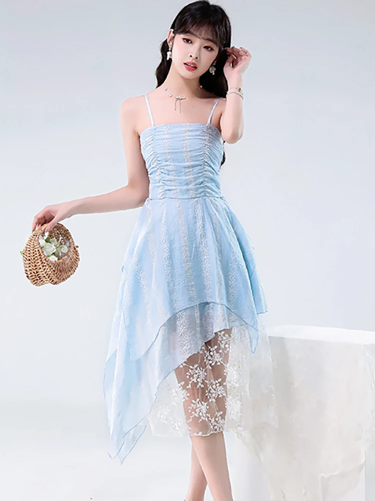 Femmes bleu Jacquard Patchwork dentelle robe à volants été élégant décontracté fronde robe Sexy 2025 coréen moulante Festival robe de soirée