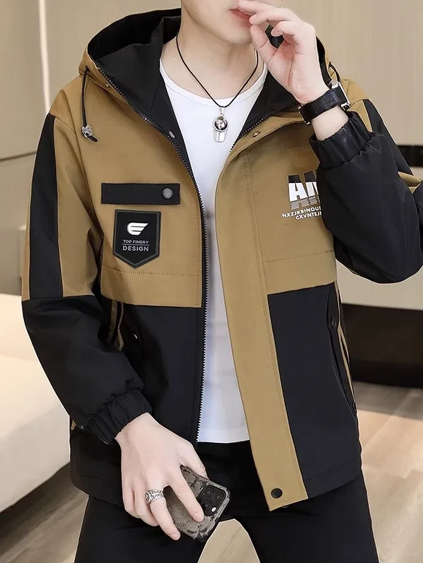 

Casual Spring Autumn Men's Jaet Sli Thin Loose Fit Polyester Fabric Hooded Zipper Closure Side kets Faionable Yout...