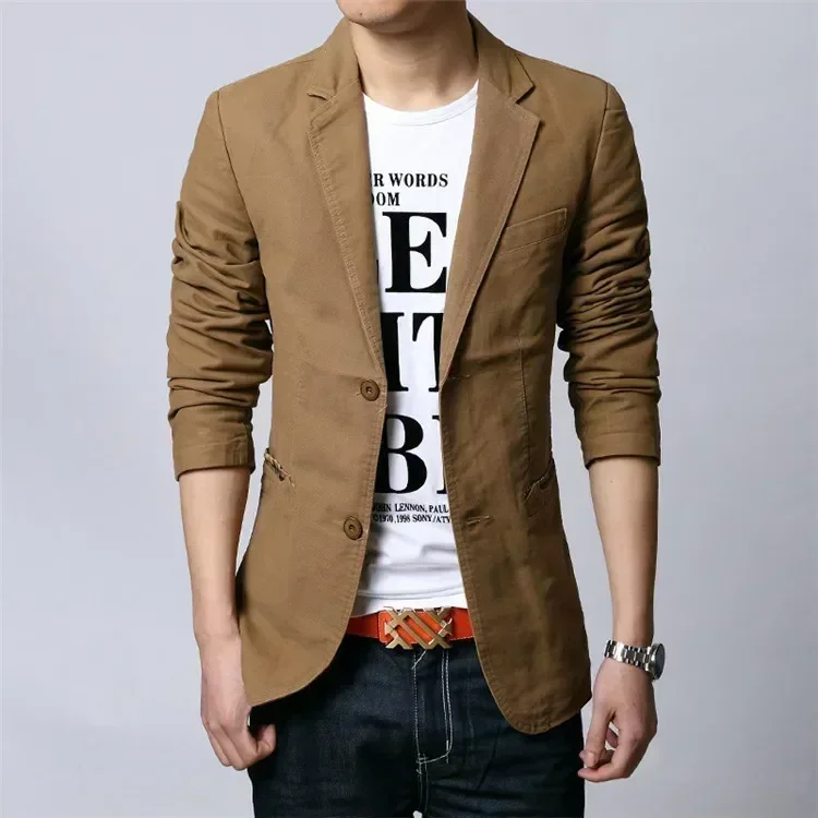 Cotton Business Casual Men Blazer Fashion Trend Slim Fit Solid Color Jacket Large Size M-6XL Khaki Black Brown Suit Coat