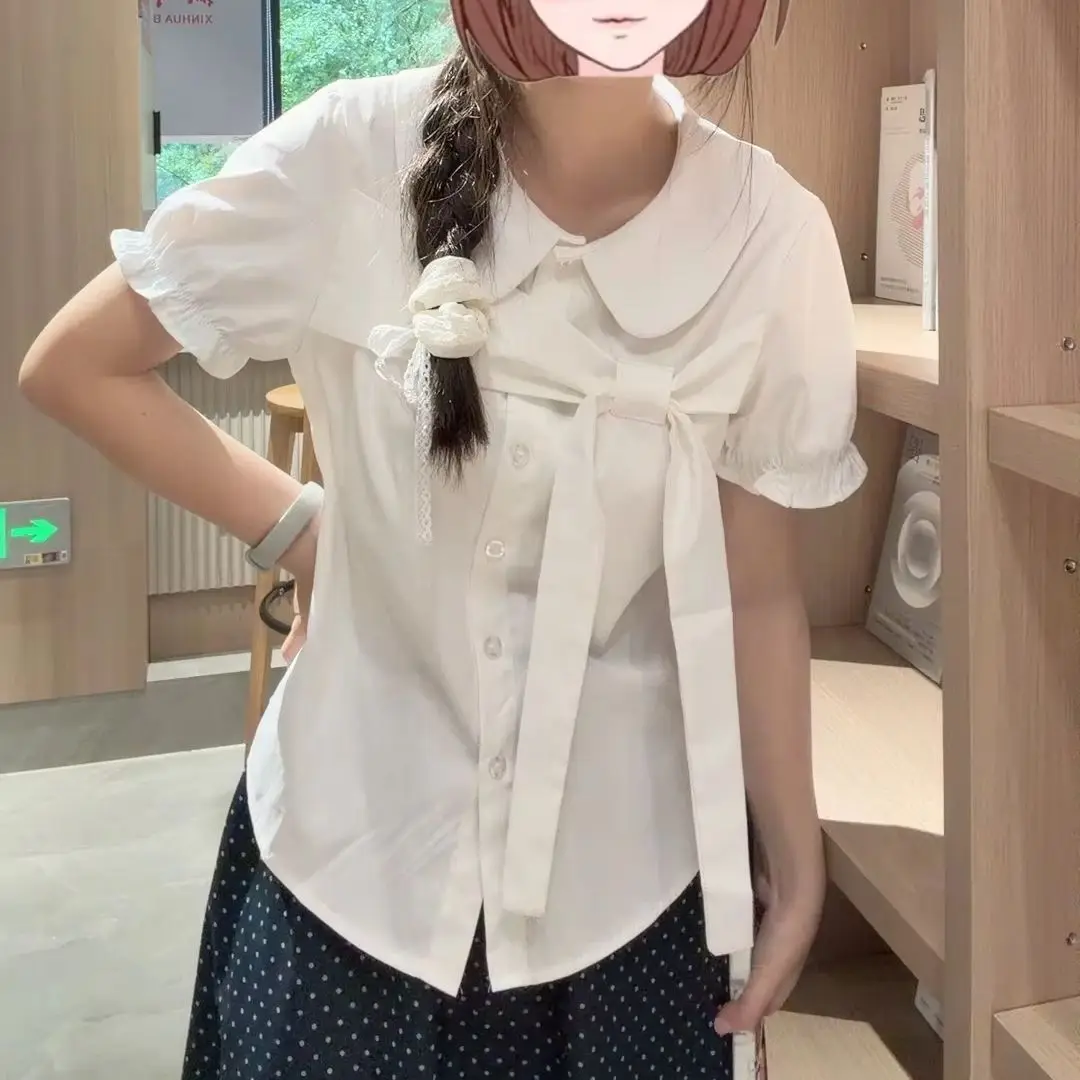 Kimotimo Preppy Style White Bow Shirt Women Peter Pan Collar Short Sleeve Button Sheer Tops Summer Sweet Casual Y2k Blouse Blusa