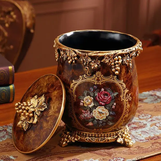 European style living room coffee table desktop paper basket trash can with lid household decoration relief art storage bucket