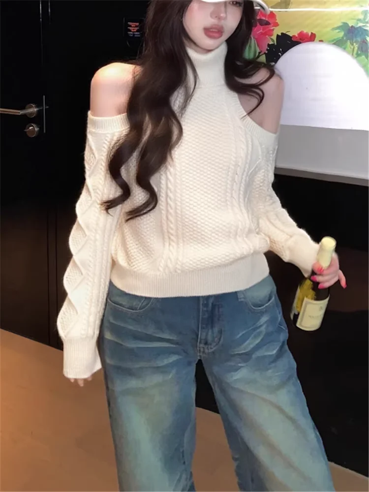 

Рождественский, Новый год, праздничный красный свитер, абрикосовая вязаная водолазка с открытыми плечами, джемпер с длинными рукавами, свободный повседневный теплый пуловер