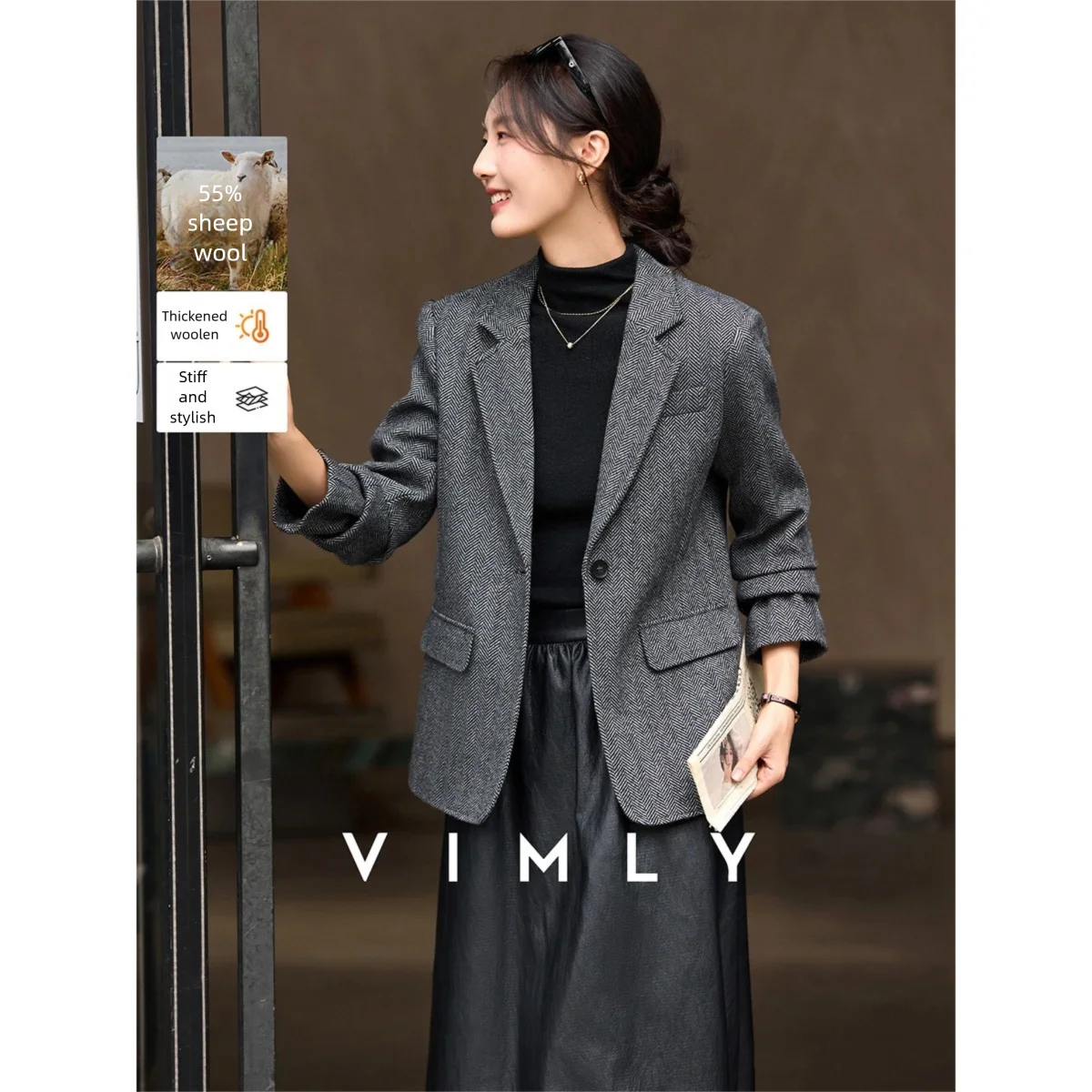 

Женский пиджак VIMLY, зима 2021, шерстяной воротник с лацканами и воротником на талии, новые утягивающие куртки, элегантное толстое женское пальто A2869