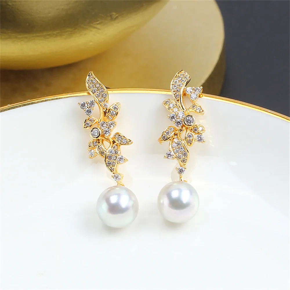 

S925 Silver Needle Flower Leaves Inlaid with Pearl Earrings 14K Gold-plated DIY Accessories with Exquisite Temperament