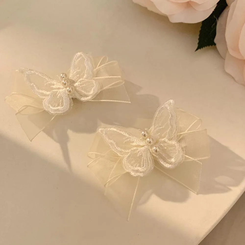 

Female Sweet Organza Headdress Girls Three-layer Gauze Bow Mesh Hair Clip White Pearl Lace Butterfly Hairpin Hair Accessories