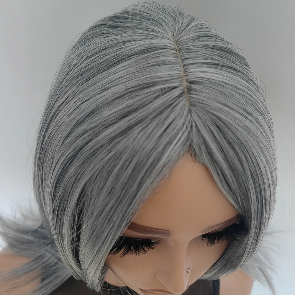 Silvery Gray Ombre Layered Wigs with Curtain Bangs for Women Synthetic Short Light Grey Wig Layered Gray Wavy Bob Wig Highlight image 5