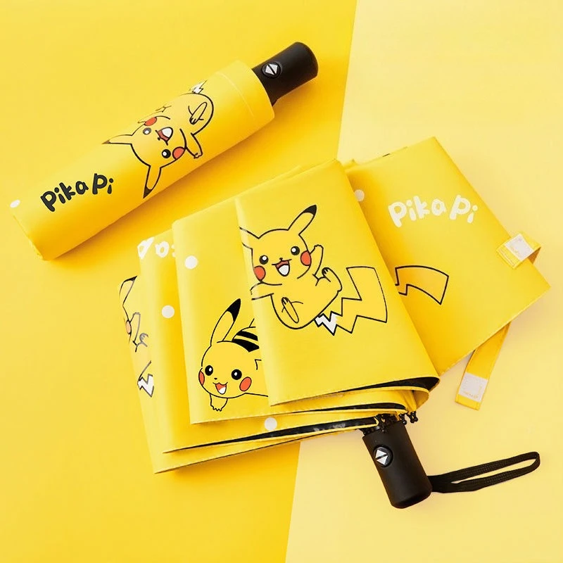 Nuevo paraguas automático de Pokemon Pikachu, sombrilla portátil de tres pliegues con dibujos animados Kawaii, regalos de vacaciones a prueba de rayos ultravioleta