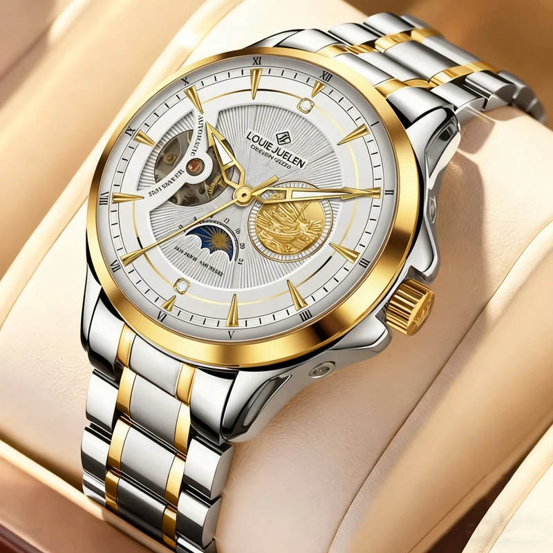 

Мужские автоматические механические часы из нержавеющей стали, полые светящиеся роскошные спортивные часы, мужские часы, модные наручные часы с фазой Луны