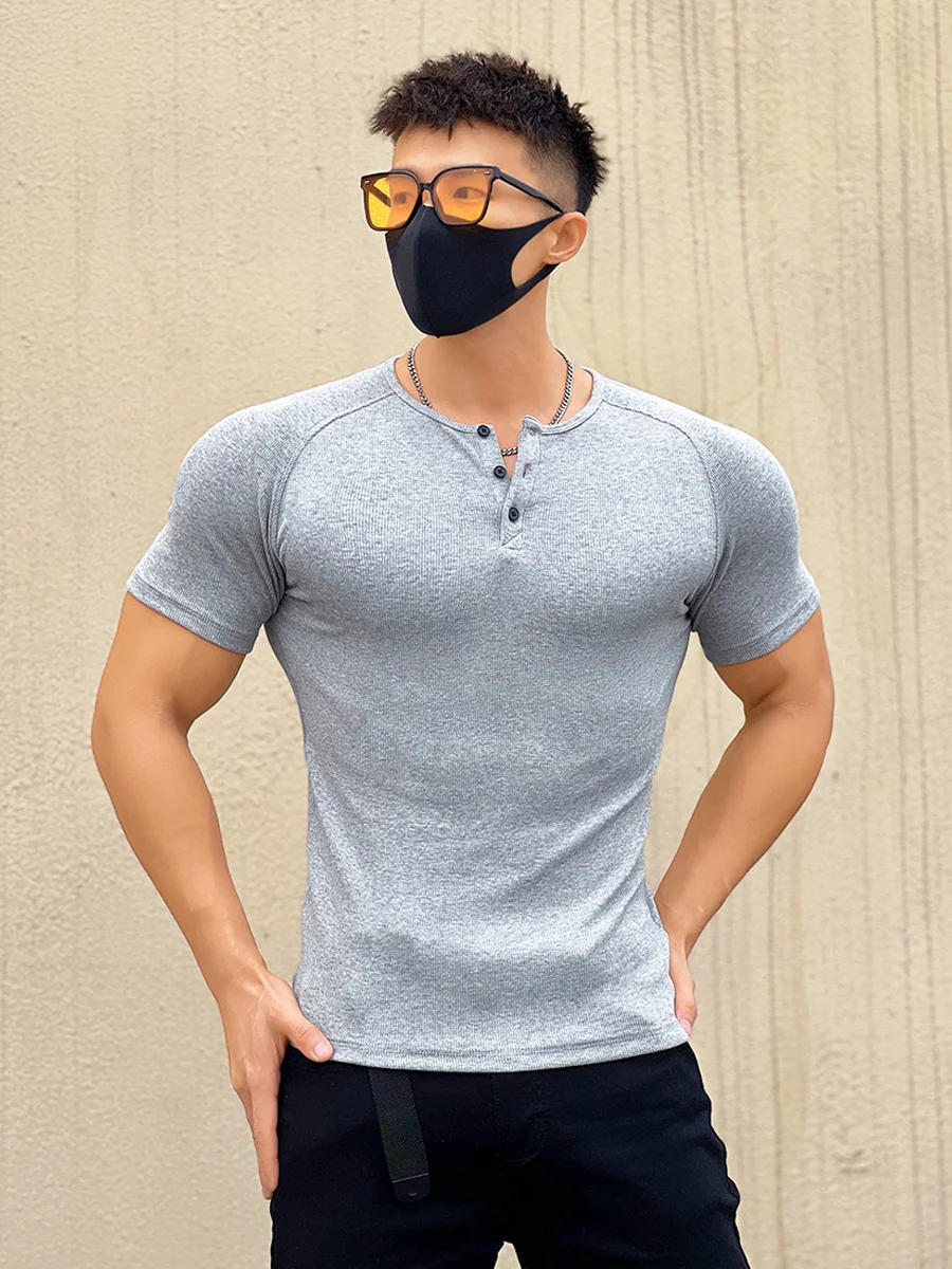 

Gymboy Slim Fit irt Fitn Sport Training Casual ort Sve T-irt Elastic Henry Top Breathable Qui Dry round Ne