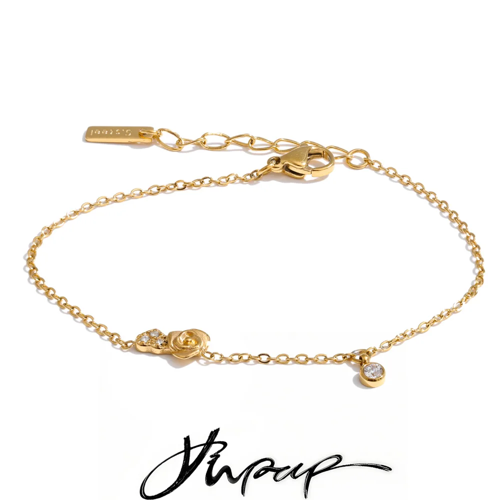 Yhpup Edelstahl-Armband mit dünner Kette, 16 Karat Gold, PVD-beschichtet, Zirkonia-Blume, minimalistischer Schmuck für das Handgelenk