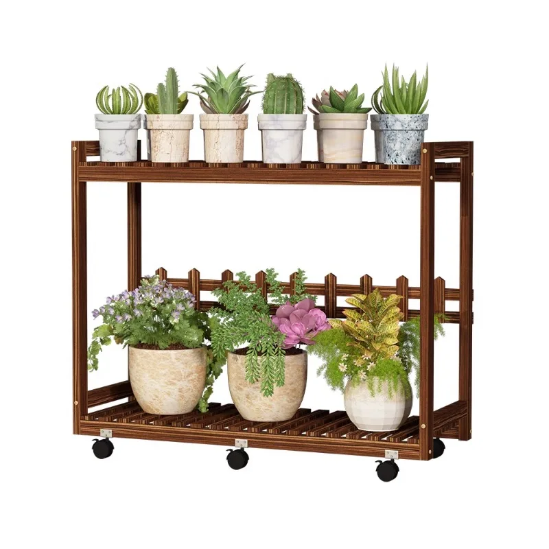 Flower rack shelf balcony meat flower  living room floor-standing solid wood simple mobile wheeled flowerpot