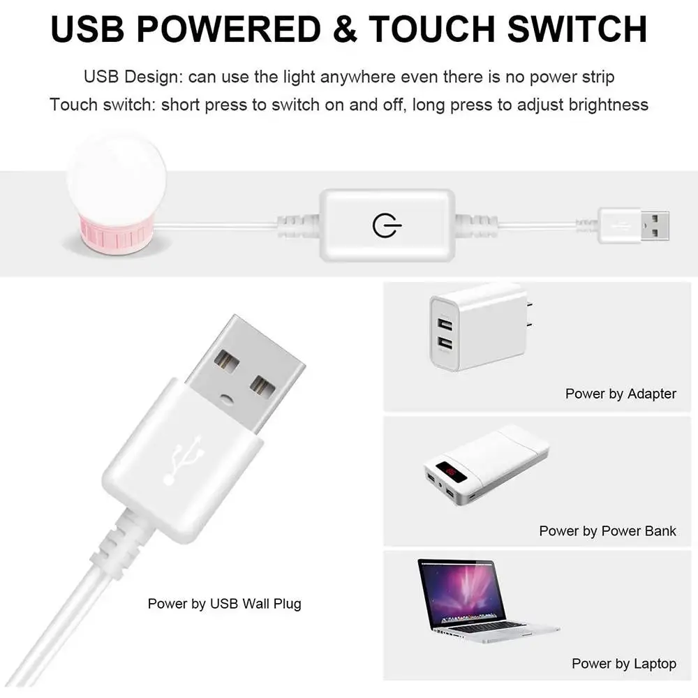 2/6/10/14 Bulbs Bathroom Mirror with LED Light Makeup Mirror Lamp Dressing Table Dimmable LED Vanity Lights USB Mirror Lighting