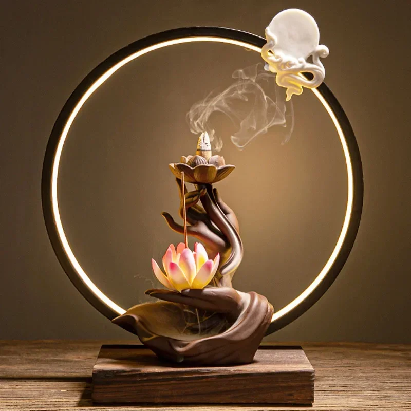 Y Zen Lotus Backflow Incense Burner for Reflux Incense Ceramic Incense Holder with USB Light Ring and Wooden Bottom,Home Decor