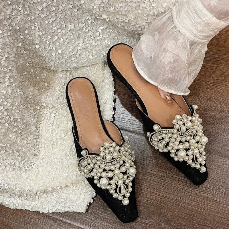 1 Par de Zapatos Planos de Perlas Nuevos para Mujer, Zapatos de Boda con Punta Puntiaguda, Mocasines de Vestir Femeninos con Tacón Bajo de Perlas, Estilo Lujoso y a la Moda para Damas