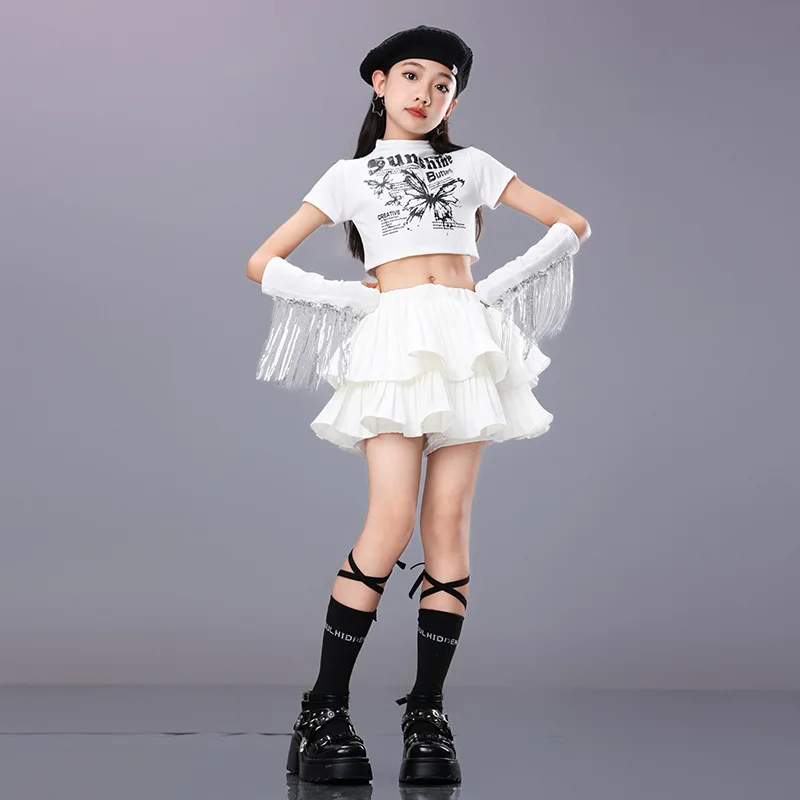 

Kid Hip Hop Clothing White Mock Neck T Shirt Crop Top Fringe Sleeve Layered Pleat Mini Skirt for Girl Jazz Dance Costume Clothes