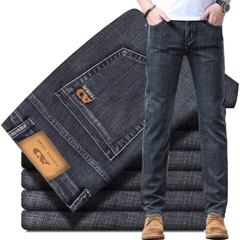 

High Quality Spring Autumn Men's Slim Jeans Stylish Casual Stretch Fabric Denim Pants Classic Trousers Smoke Gray Plus Size 40