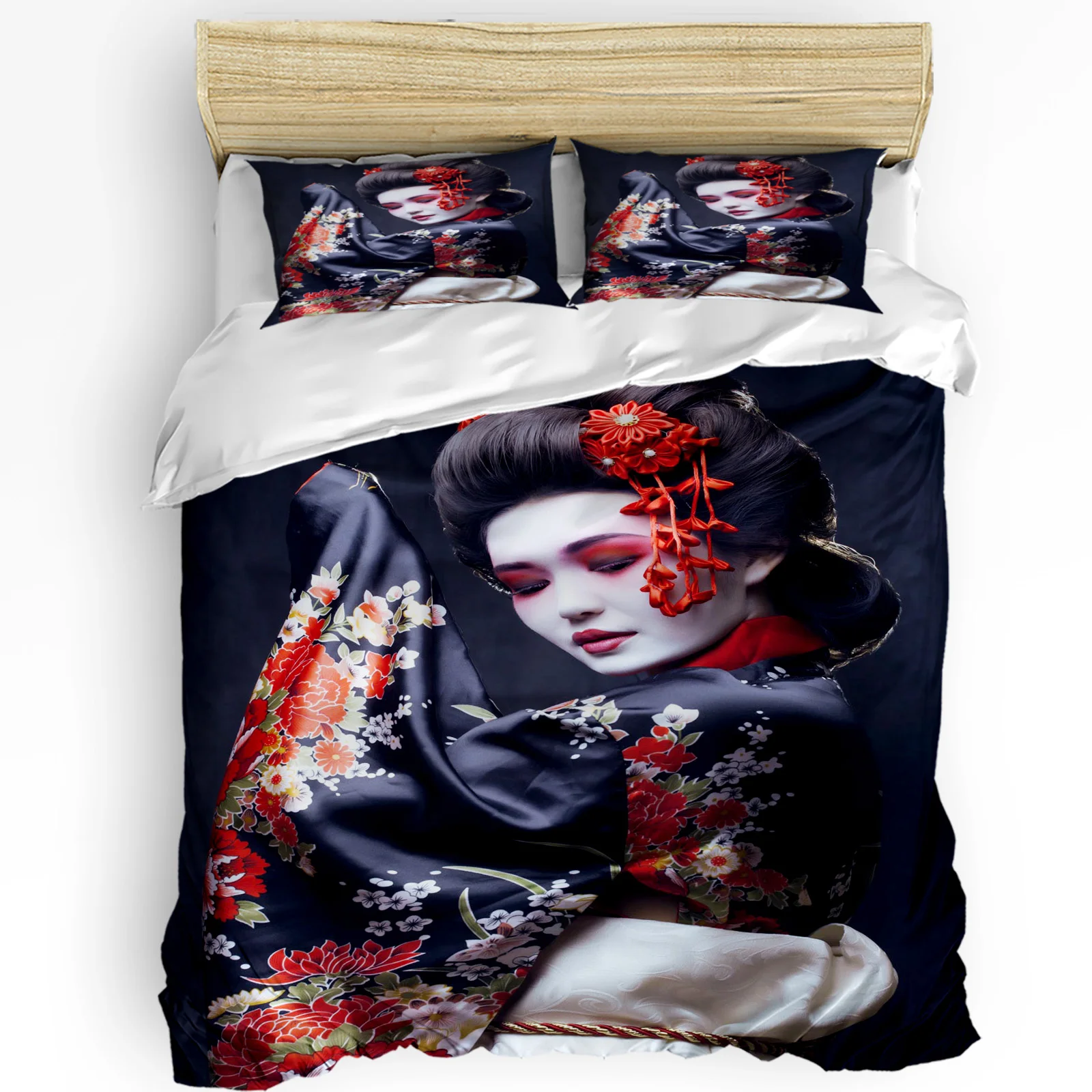 Japanese Woman Red Sakura Kimono 3pcs Bedding Set For Bedroom Double Bed Home Textile Duvet Cover Quilt Cover Pillowcase