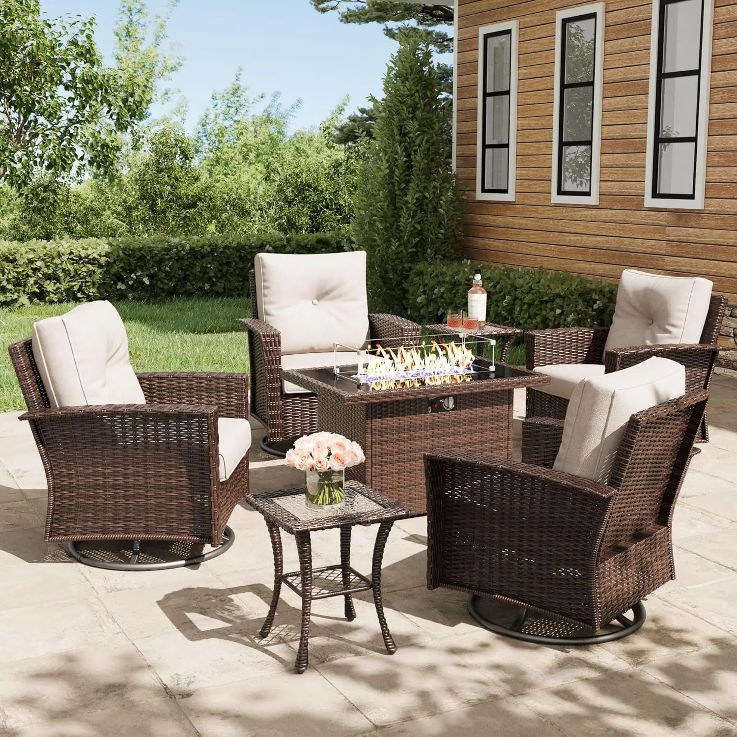 LayinSun 7 Piece Wicker Patio Furniture Set with Fire Pit Table, Classis Outdoor Conversation 360 Degree Swivel Chairs Set with