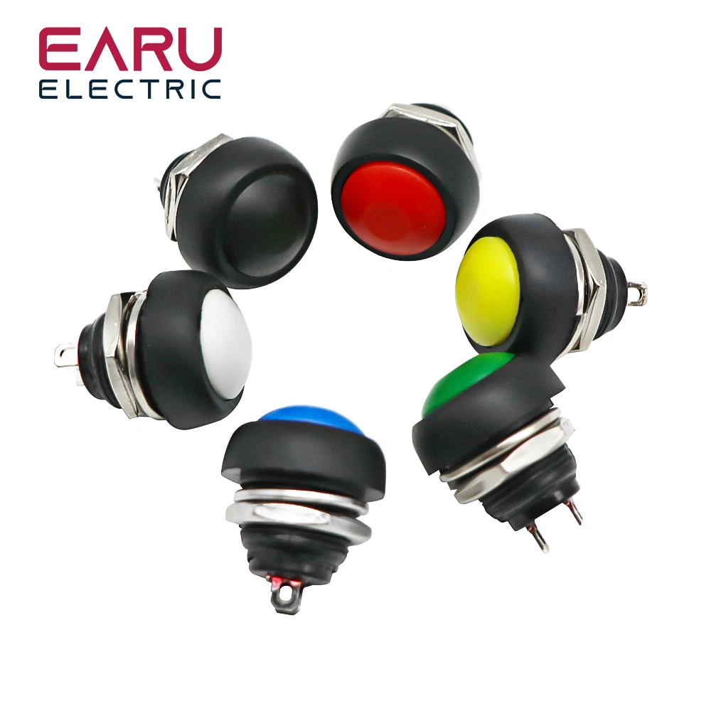 10pcs DIY Mini 12mm Momentary Waterproof Push Button Switch Horn Blue White Green Red Yellow Black 1A 250V Self-reset Wholesale