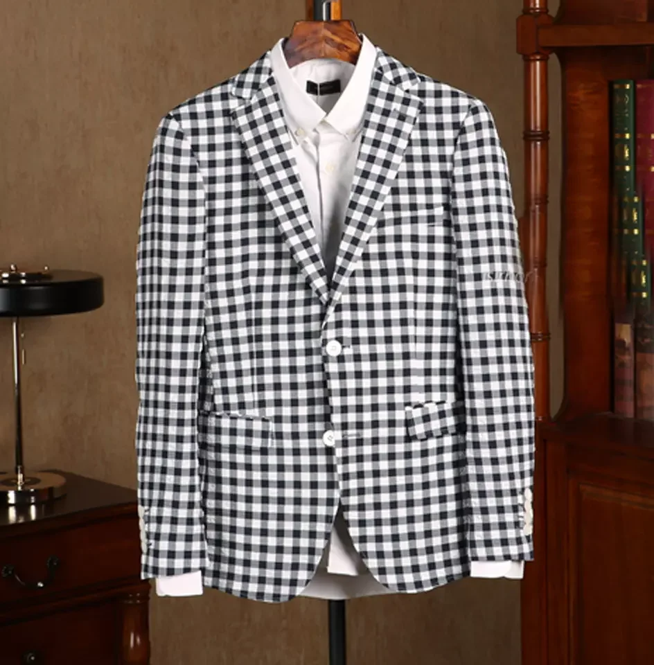 Business Plaid Mens Jacket Slim Fit Groom Party Wedding Tuxedos Formal Prom Check One Blazer