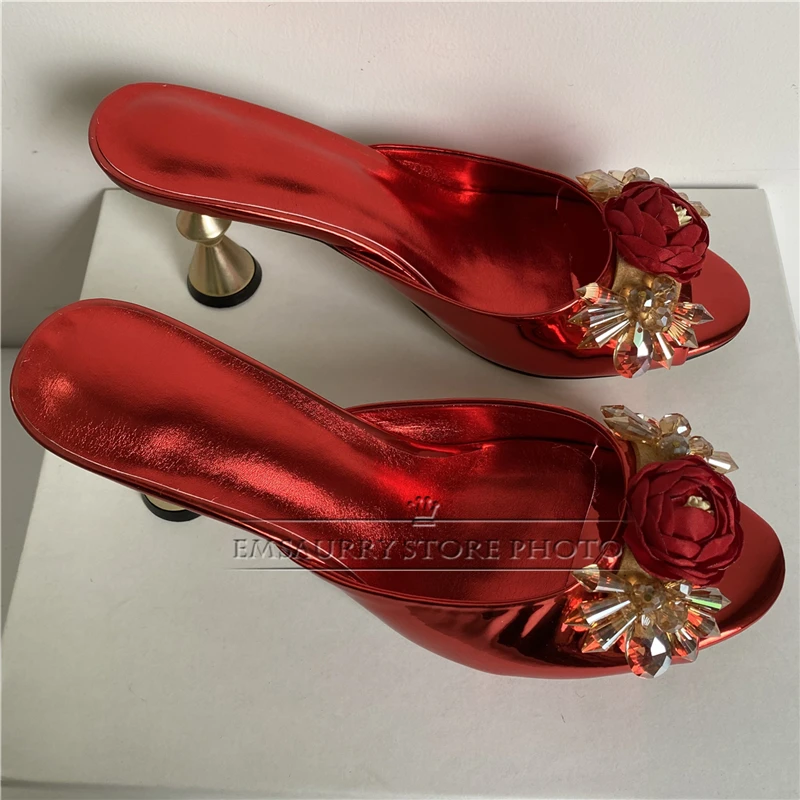 Handmade Rose Crystal Flower Sandals Women Novelty Metal Strange Heel Patent Leather Slingbacks Modern Summer Shoes