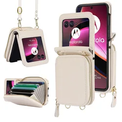 Crossbody Wrist Strap Zipper Purse Phone Case for Motorola Razr 40 Ultra Moto Razr40 2023 Leather Wallet  with Card Holder Cover