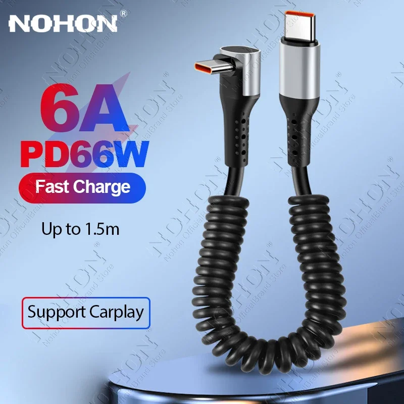 66W Spring 90 Degree USB Type C Cable 6A Fast Charge Type-C Cord for Samsung Xiaomi For Tesla in Car Charging Cable