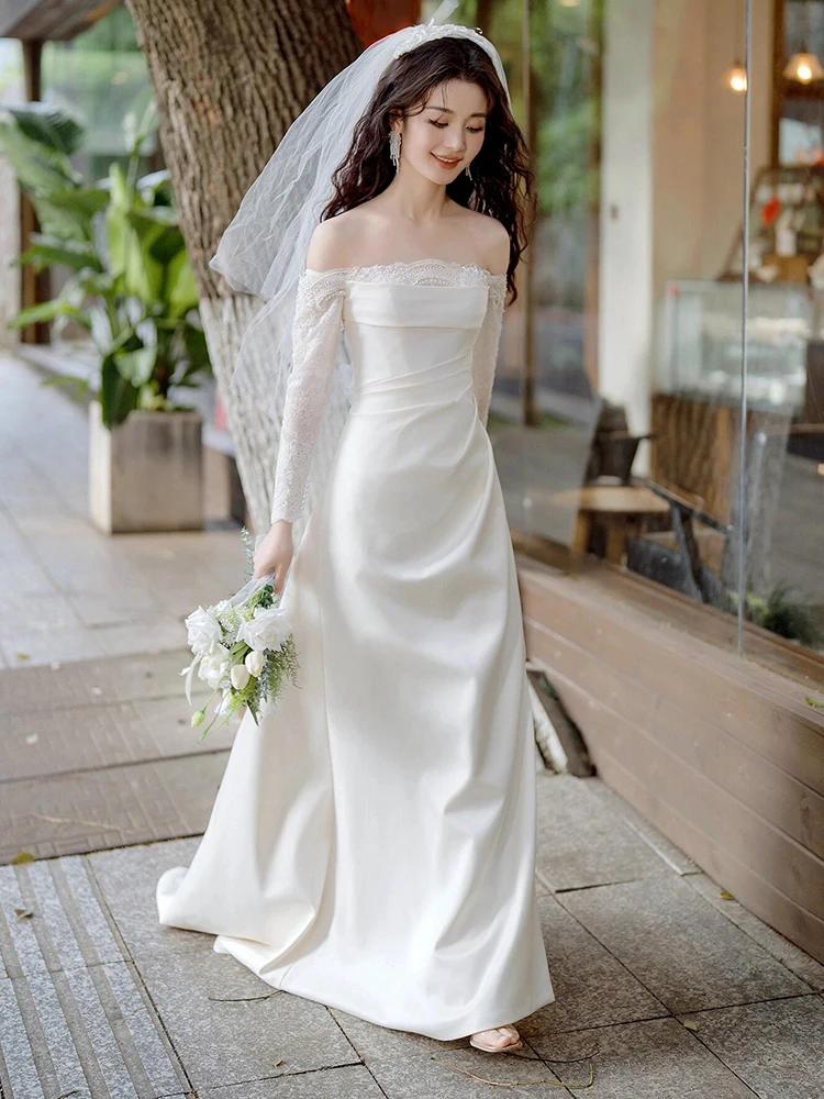 

Элегантное кружевное свадебное платье с открытыми плечами для подружек невесты, длинное, из атласа, для церемоний на открытом воздухе, на заказ