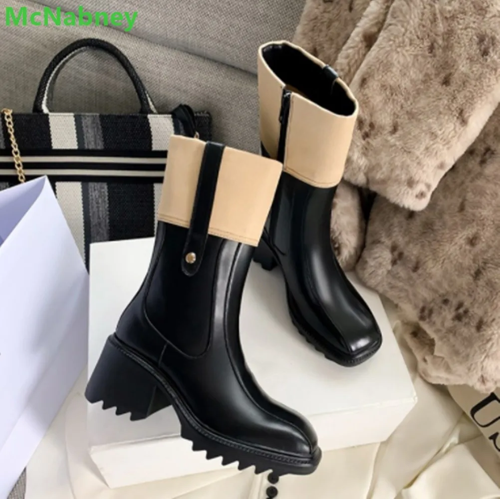 Chunky Heel 2024 New Side Zipper Winter Boots For Female Women Square Toe Ankle High Handmade Luxury Designer Mixed Colors Shoes