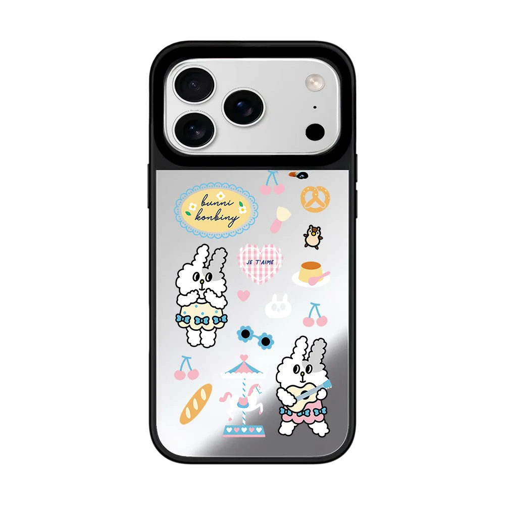 

Cartoon Dessert Rabbit Mirror Surface Black Border Magnetic Phone Case for IPhone 17 16 15 14 13 12 Pro Max Cover