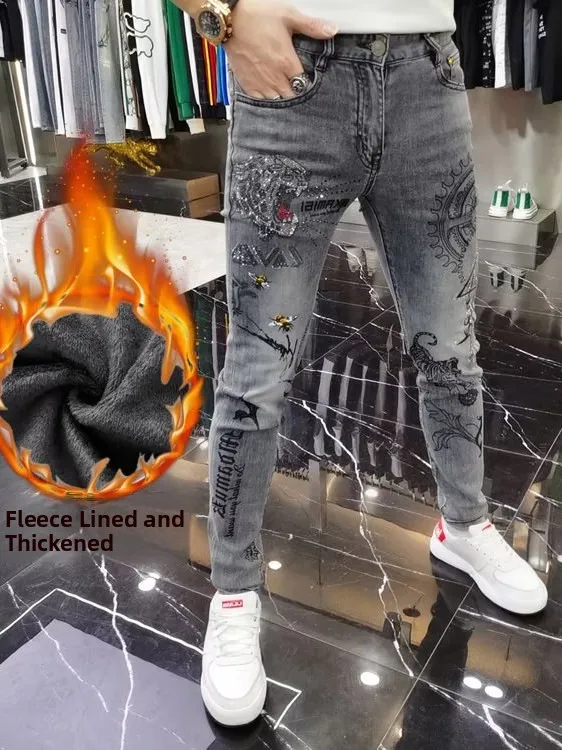 

Men's Fce Lined Thiened Jeans Diamond Embellied Slim Fit Straight Leg Casual Long Trousers Autumn Winter Faion