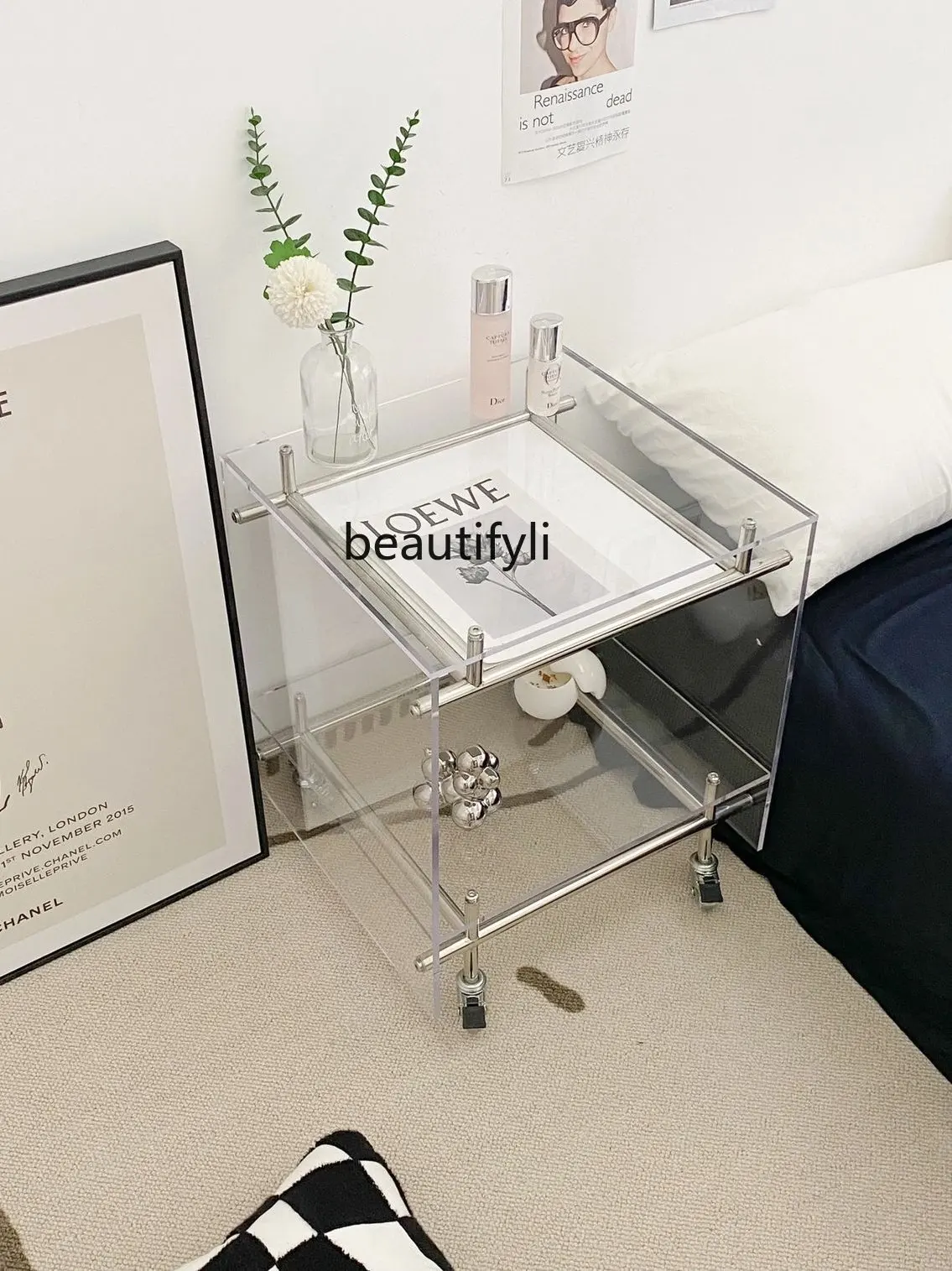 

Acrylic Bedside Table Removable Transparent Side Table Minimalist Shelf Stainless Steel