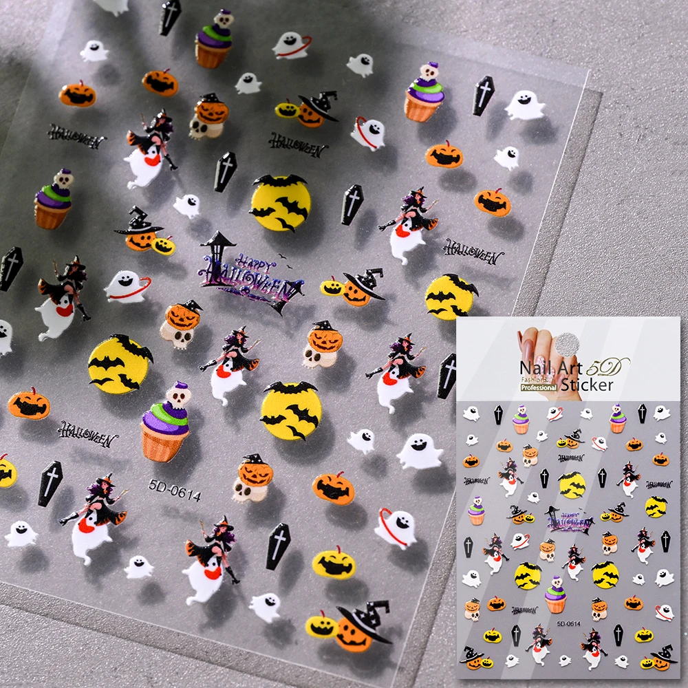1 Stück 5D Schwarze Halloween-Spinnen-Nagelaufkleber mit verschiedenen Designs: Fledermaus/Geistergesicht/Kürbis/Totenkopf, selbstklebende Slider, DIY-Nagelzubehör
