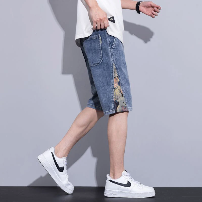 2025 新アイスシルク薄型スタイルデニムショーツ男性ストレートファッションカジュアル高品質ジーンズ男性ハイストリートレトロブルーショートパンツ