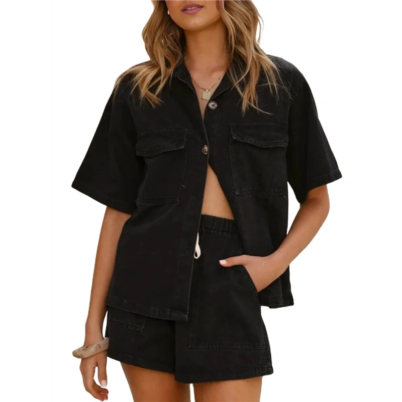 Conjunto feminino de 2 peças jeans, manga curta, camisa com botão e shorts com cordão, roupas jeans casuais