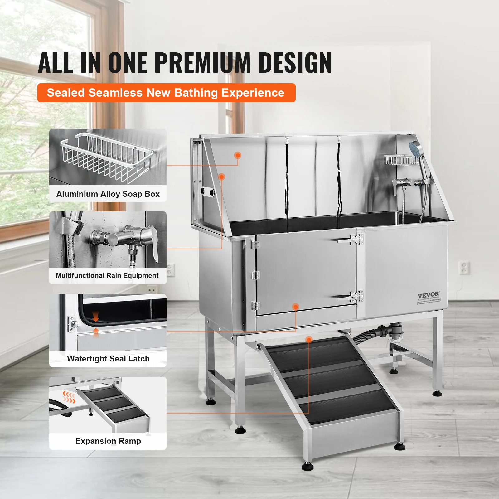 VEVOR 50" Pet Dog Bathing Station w/Ramp Stainless Steel Dog Grooming Tub W/Rich Accessory for Large/Medium/Small Pets Washing