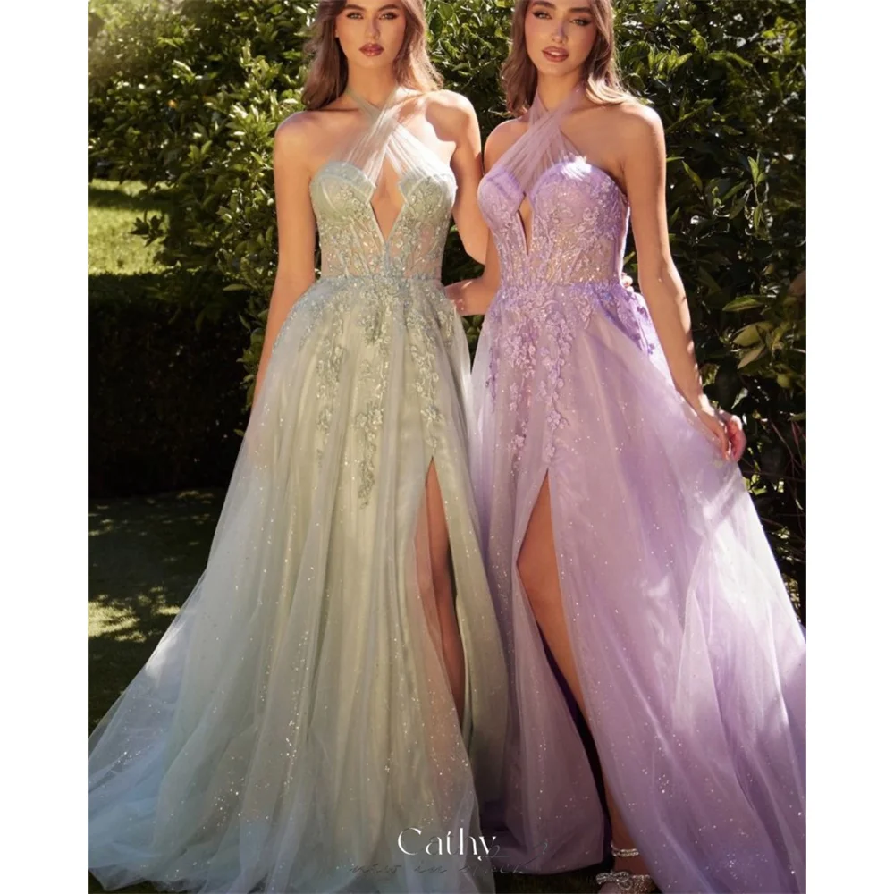 

Cathy Tulle A-line Prom Dresses Floral Print Evening Dress Lace Embroidery Floor-length Elegant Sleeveless vestidos de fiesta