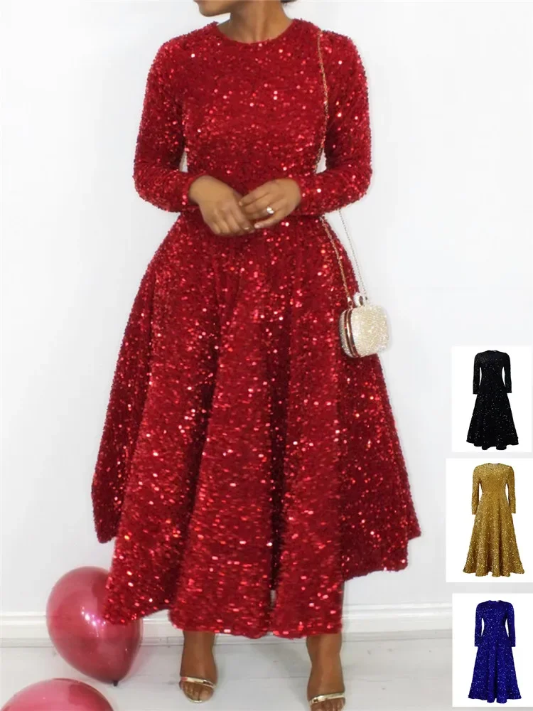 Luxury Women Long Dresses with Sequine Women O Neck Party Dress Elegantes Mujer Mid Calf Evening Dress Wedding Red Slim Big Size