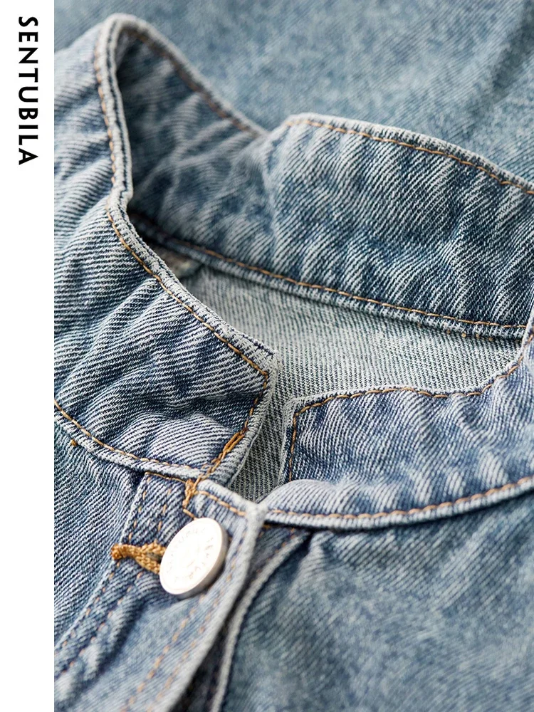 SENTUBILA Cropped Denim Jacket Coat For Women 2025 Spring Casual Stand Collar Long Sleeve Cotton Jeans Jackets Outwear W33W50369 - Image 5