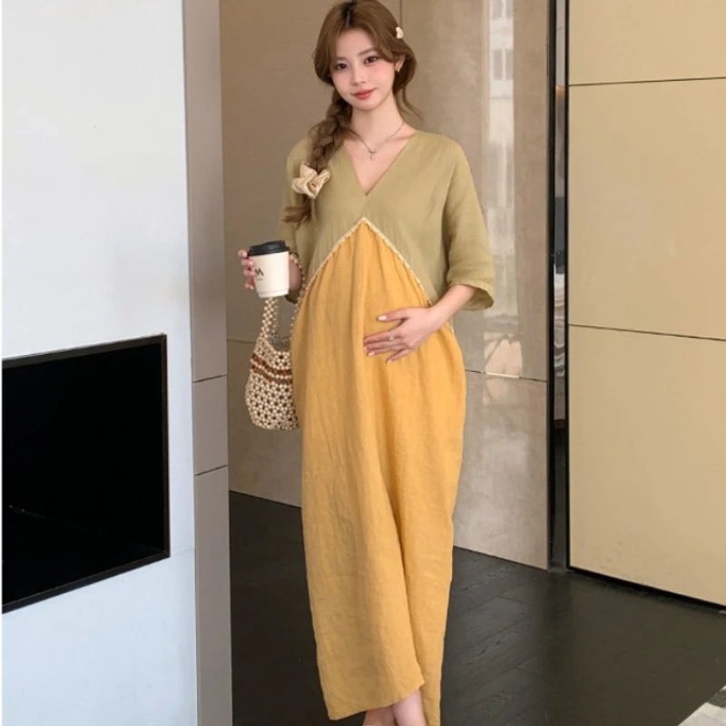 Maternity Dress Summer Linen Loose Breathable Comfortable Vacation Casual Gentle Patchwork Dress for Pregnant Women 2026