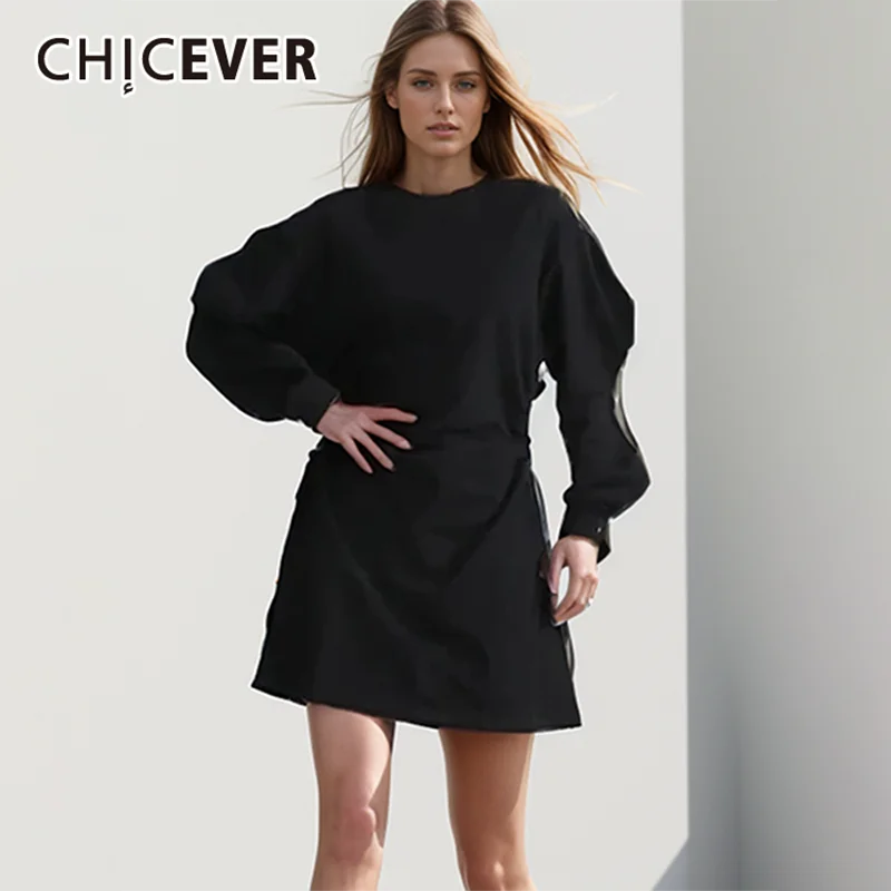 

CHICEVER Casual Solid Dress For Women O Neck Long Sleeve Patchwork Folds Cut Out Vintage Mini Dresses Female Spring Clothes New